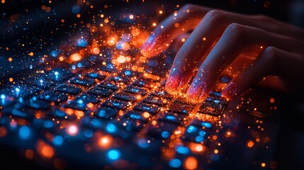 Woman typing keyboard, digital sparks, dark background, website creation
