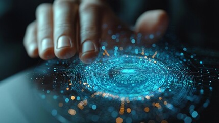 Woman using futuristic interface, technology, dark background, innovation
