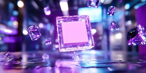 Poster - Pink cube levitates, crystal shards fall, neon background, tech ad