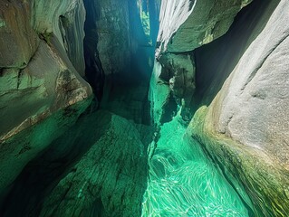 Wall Mural - Crystal Clear Water Flowing Through a Rocky Canyon with Sunlight Filtering Through its Narrow Openings