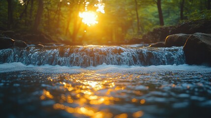 Wall Mural - Sunlight illuminates a small waterfall in a forest with the sun setting in the background