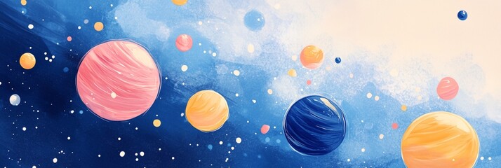 a painting of a group of planets in the sky with a blue background