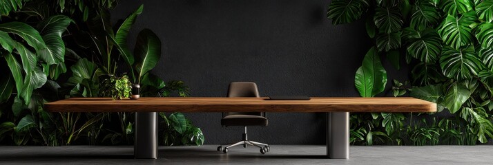 Poster - A minimalist workspace setup on a wide wooden table with greenery in the background