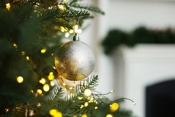 Wall Mural - Christmas tree with beautiful lights and bauble indoors, closeup