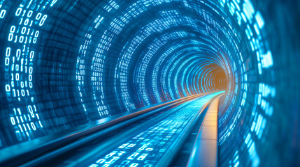 Wall Mural - dynamic tunnel of binary data with glowing light