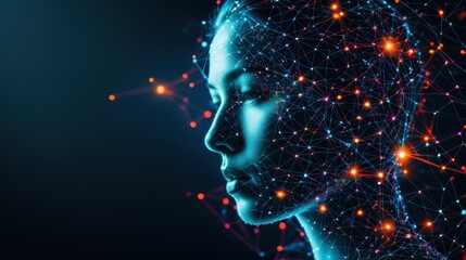 Lively data streams and connections merge with digital human profile 