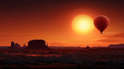 Aufkleber - A scenic view of a hot air balloon floating over a desert at sunset