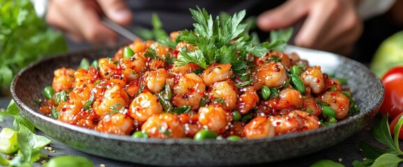 Wall Mural - Spicy Shrimp Stir-fry with Peas in a Dark Bowl