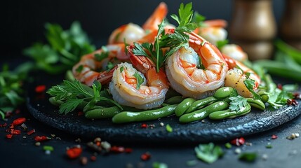 Wall Mural - Succulent Shrimp and Green Bean Dish on Dark Slate Plate