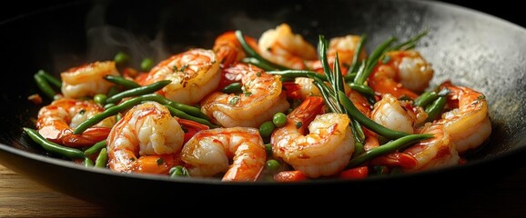 Wall Mural - Succulent Shrimp Stir-fry with Green Beans and Peas