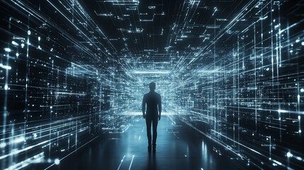 Wall Mural - Person Standing in a Digital Data Stream with Glowing Lines and Futuristic Style