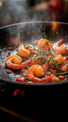 Wall Mural - Sizzling Shrimp with Thyme in a Black Pan