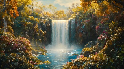 Canvas Print - Serene Waterfall Cascading Through Lush Tropical Foliage