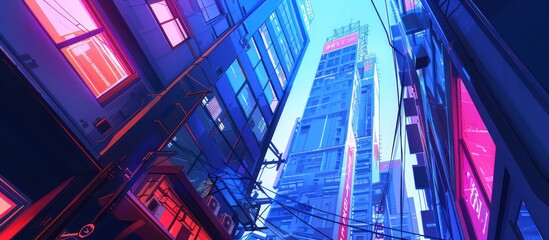 Wall Mural - futuristic city alley with vibrant neon signs and towering buildings.