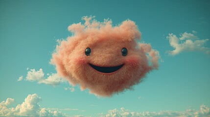 Wall Mural - Fluffy Cloud Character Smiling Against Light Blue Sky with Soft White Clouds Above and Below