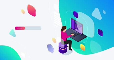 App Development. Moving banner with female programmer writing code and creating digital product. Software development. Landing page or website design. Isometric 3D animated graphics