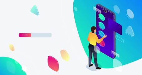 App Development. Moving banner with male programmer standing next to large smartphone, creating and testing digital product. Landing page or website design. Isometric 3D animated graphics