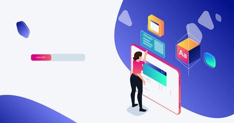 Website Interface Development. Moving banner with female programmer creating web page interface. Web design, coding and engineering. Landing page design. Isometric 3D animated graphics