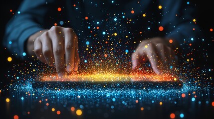 Hands interacting with digital data, glowing particles, dark background, technology concept