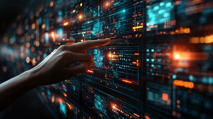 Hand interacts with digital data wall. Technology future background. Stock photo
