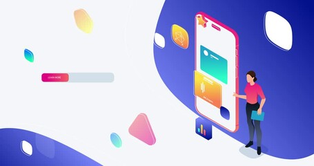Website Interface Development. Moving banner with female programmer standing next to large smartphone and creating user interface. Landing page or web design. Isometric 3D animated graphics