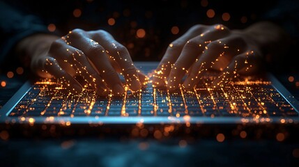 Hands typing glowing code, dark background, digital work