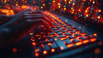 Hands typing on glowing keyboard, digital bokeh background, night work