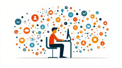 Man working on computer, network connections, office background, data visualization