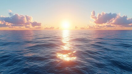 Wall Mural - Ocean Waves With Bright Sunlight At Dawn And Fluffy Clouds Above Horizon Line Tranquil Scenery.