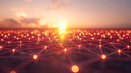 Sunset over network connections, global communication, future tech