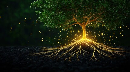 Canvas Print - Enchanted tree with glowing roots and magical sparks