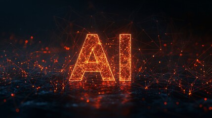 Glowing AI text on dark network background; technology concept