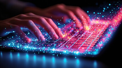 Typing, glowing keys, night, data flow, tech work