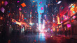 © Thiago - Colorful confetti falls over city street at night. Sapphire Falls. Illustration