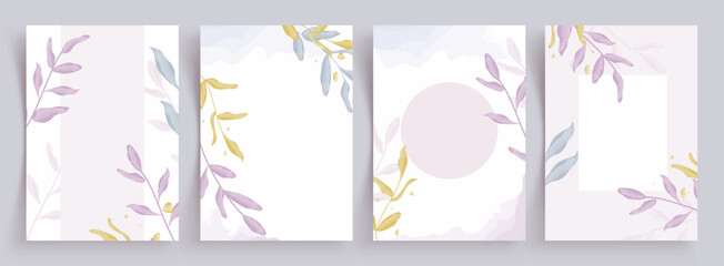 Wall Mural - leaves background clipart poster set. leaf drawing in watercolor, paint, sketch and pastel color cli
