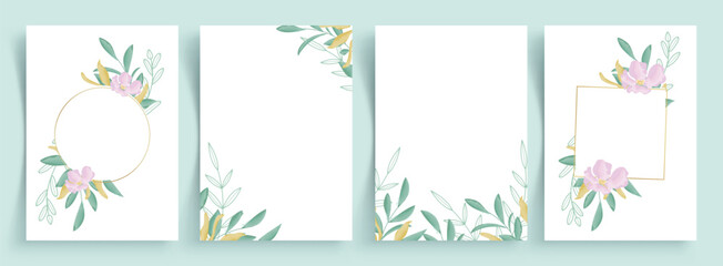 Wall Mural - flowers and leaves background clipart poster set. spring wallpaper with leaf and flower drawing in w