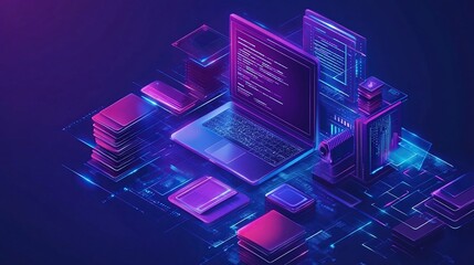 Digital code laptop isometric neon background