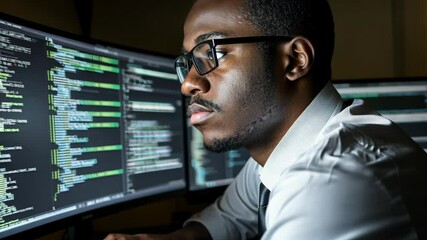 Focused software developer working on complex code at multiple monitors in a modern office environment