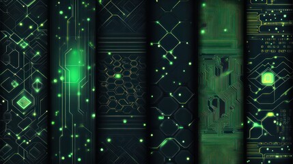 Glowing green circuit board textures; tech background; website design