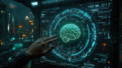 Futuristic brain interface, rain, city, digital analysis