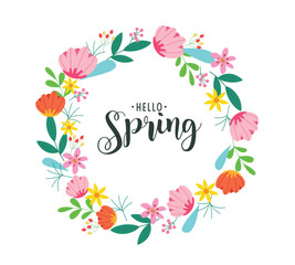 Wall Mural - spring hello greeting card clipart design. hello spring text with colorful watercolor drawing flower