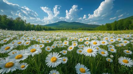 Wall Mural - large field of white and yellow daisies under blue sky with clouds, surrounded by green trees and mountains in background, creating serene and vibrant landscape