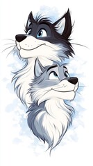 Canvas Print - Two adorable cartoon wolves, one gray and one black and white, gaze dreamily against a soft blue background.