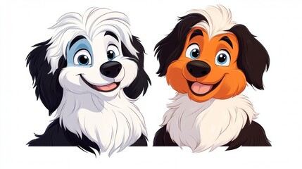 Canvas Print - Adorable cartoon dogs with expressive eyes and fluffy fur. One is black and white, the other orange and white.