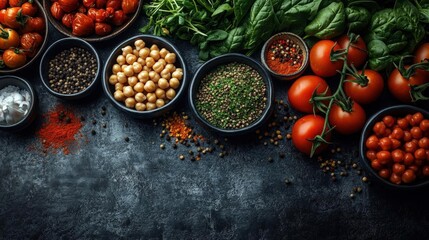 Wall Mural - Vibrant Red Tomatoes and Chickpeas with Assorted Spices on Dark Background