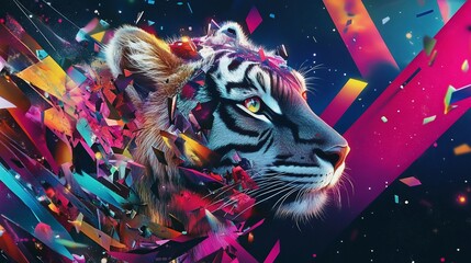 Sticker - Abstract tiger with shattered colorful glass effect against dark background and vibrant colors