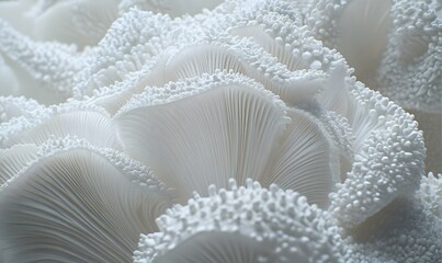 Wall Mural - Close-up of white oyster mushrooms, textured surface, detailed gills, soft light, nature background, suitable for food, health or design