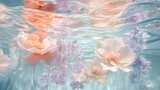 2.A captivating underwater scene featuring vibrant pastel spring flowers in soft shades of peach, pink, and lavender. The flowers are suspended gracefully in the water, with delicate ripples around