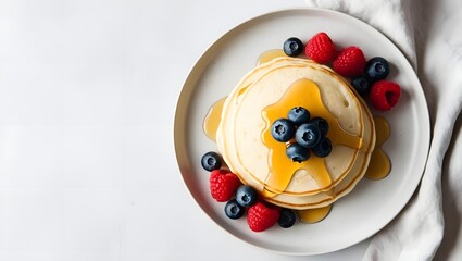 Wall Mural - Stack of Pancakes with Blueberries and Raspberries on a Plate