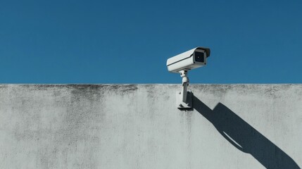 Security camera mounted on a concrete wall against a clear blue sky, enhancing safety surveillance